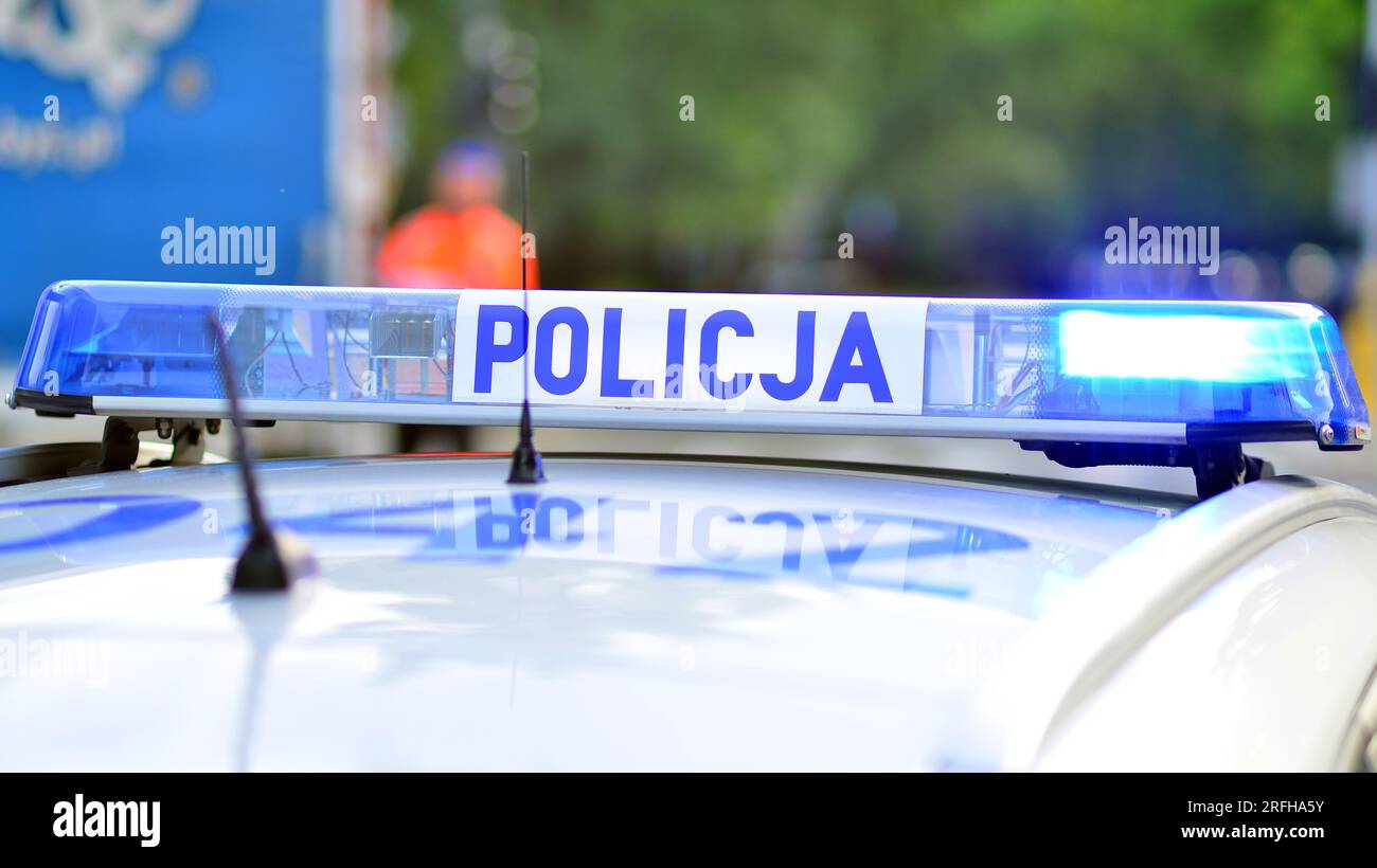 Warsaw, Poland. 29 July 2023. Police sign on police car. Polish police