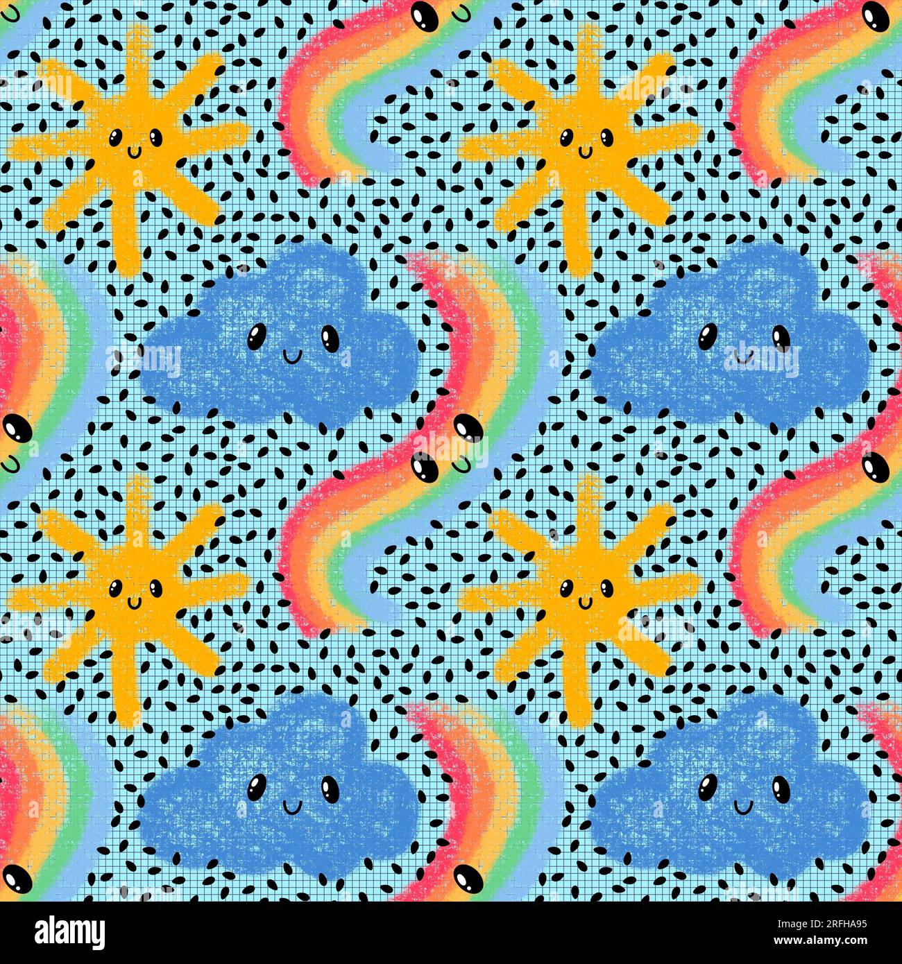 Cartoon sun and rainbow and clouds seamless doodle pattern for wrapping ...