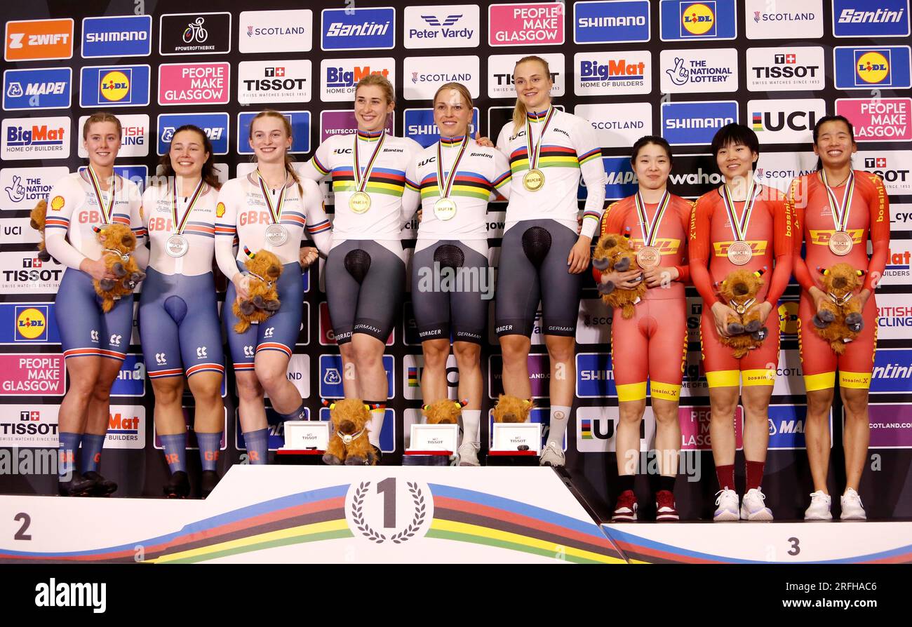 Germany's Pauline Sophie Grabosch, Emma Hinze and Lea Friedrich pose with their gold medals