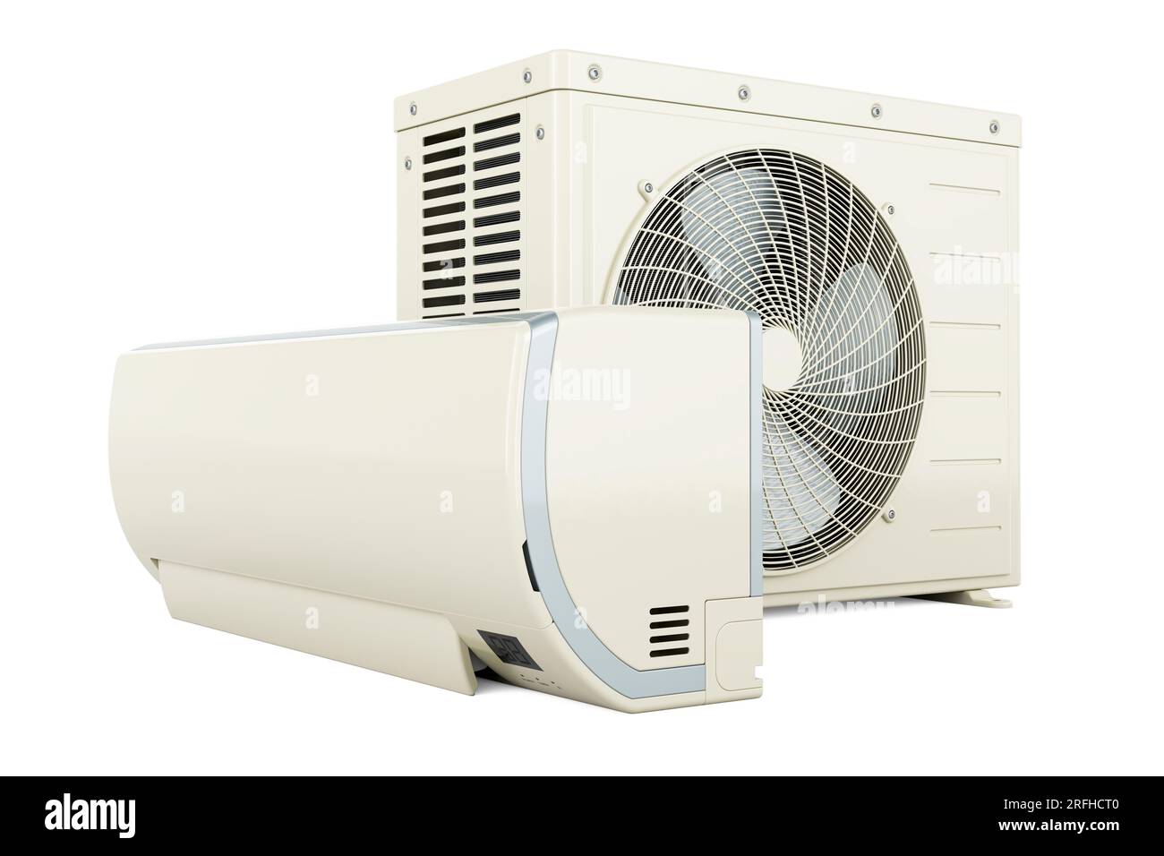 Air conditioner, indoor wall and outdoor compressor unit, 3D rendering