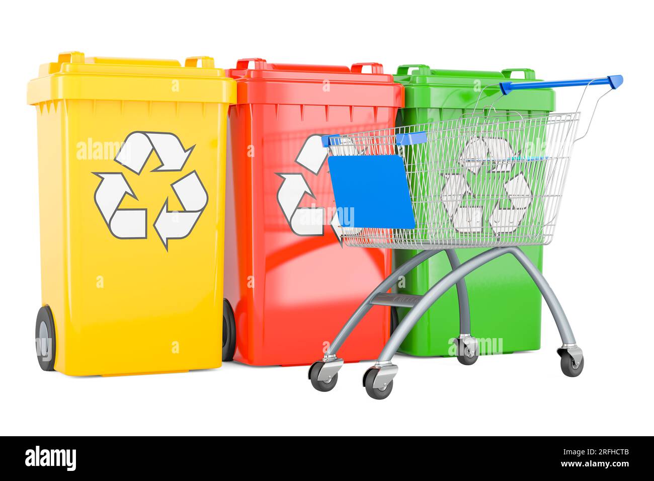 Colored recycling trash cans with shopping cart, 3D rendering isolated