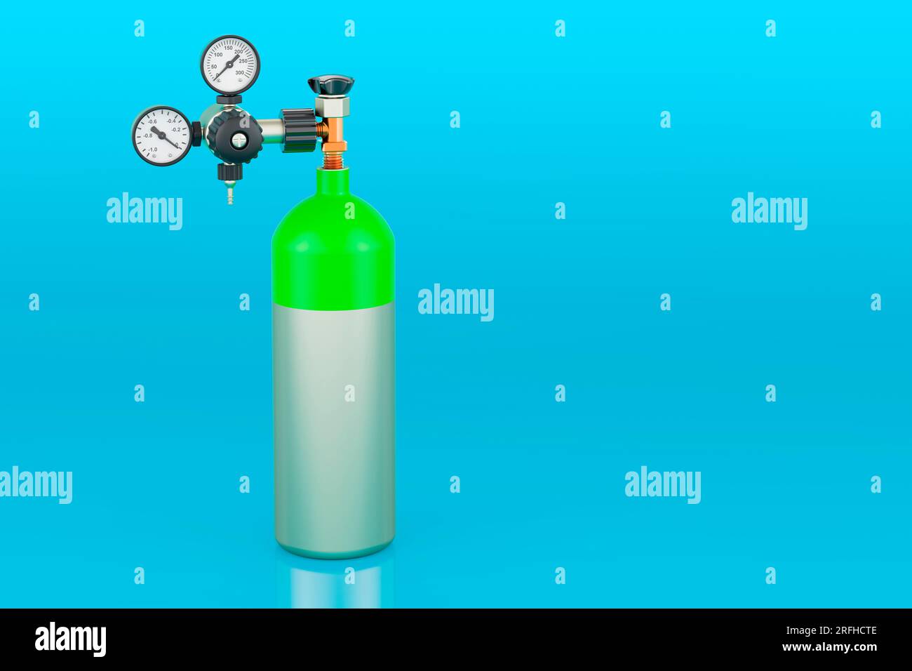 Oxygen tank, gas cylinder on blue backdrop, 3D rendering Stock Photo