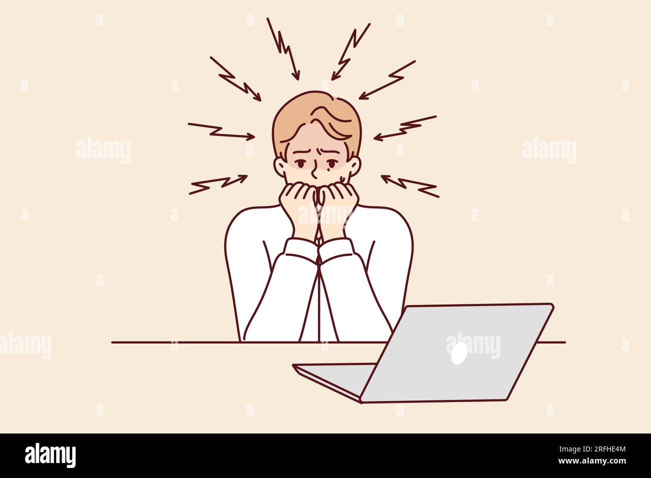 Frightened man bites nails after reading news on laptop about approaching unemployment or recession crisis. Frightened guy suffered from online bullying and received email written in hate language Stock Vector