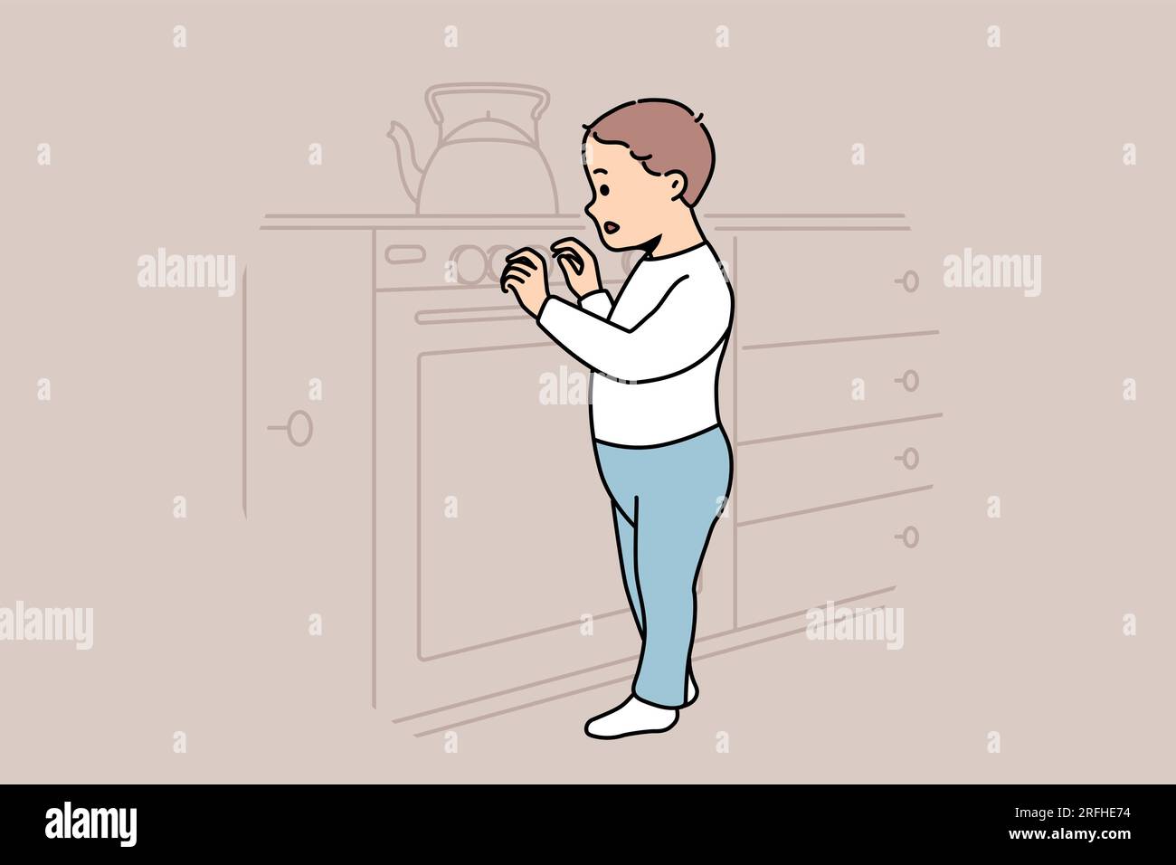 Little boy plays with gas stove and touches dangerous kitchen equipment