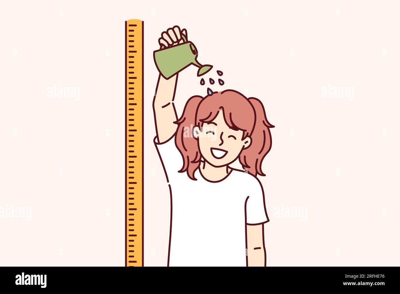 Little girl stands near ruler for measuring height and pours watering can on head, wanting to stop being child. Funny child dreams of getting taller and going to high school or college Stock Vector