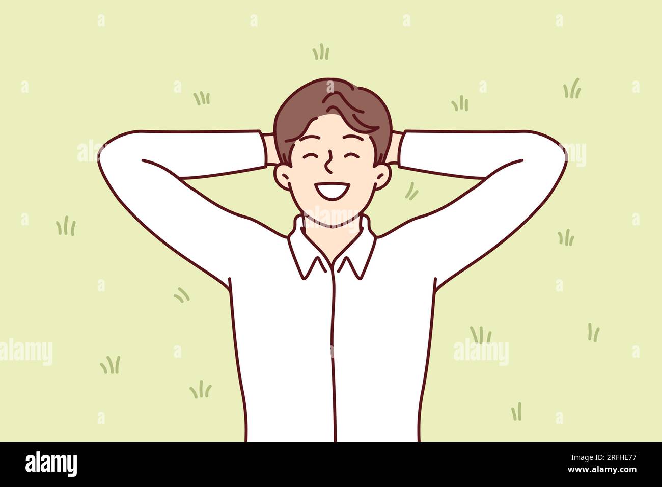 Happy man lies on green grass in park and enjoys warm sunny day and summer weather. Cheerful guy in white shirt with good mood is resting on lawn in park, being energized by sun rays Stock Vector