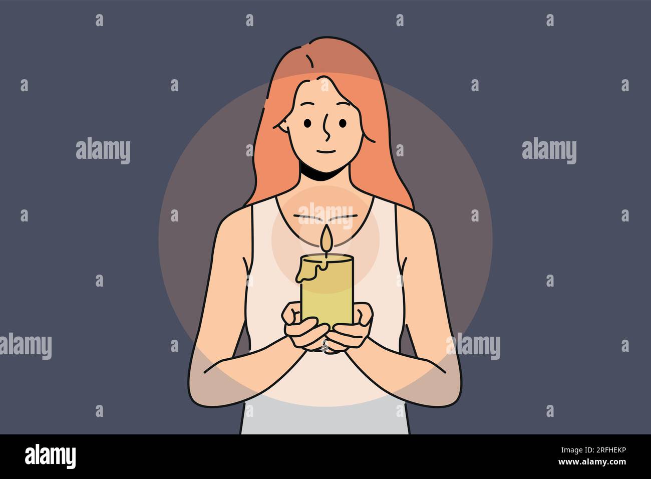 Woman with candle in hands looks at fire, performing religious ritual or seance. Positive girl holding candle to light way in dark due to power outage in house or broken lighting fixtures Stock Vector