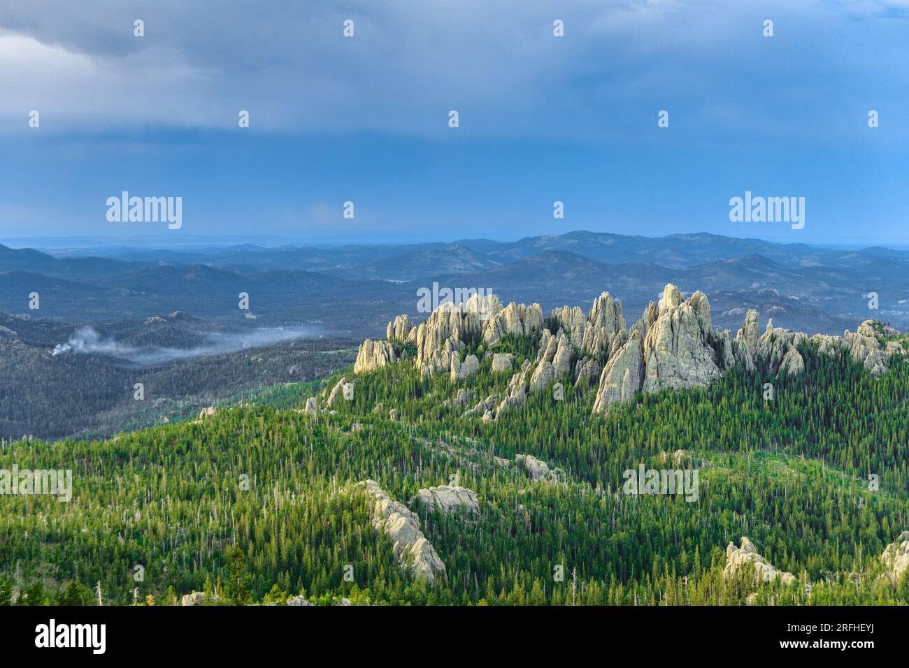Forest fire smoke. Black Hills South Dakota, Cathedral Spires, Sunrise