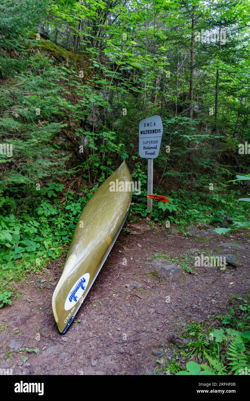 Boundary Waters Canoe Area Wilderness, Minnesota, Superior National Forest, Portaging Canoe, National Forest Sign, BWCA Wilderness Stock Photo