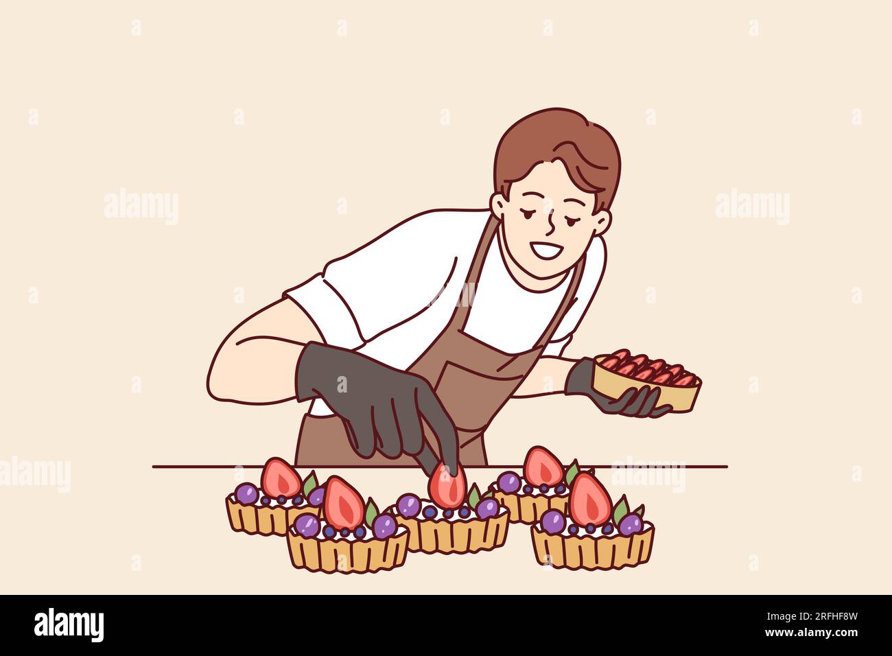 Man confectioner prepares sweet dessert with berries and butter cream for sale in coffee shop or restaurant. Guy in apron stands at kitchen table making delicious dessert for bakery visitors Stock Vector