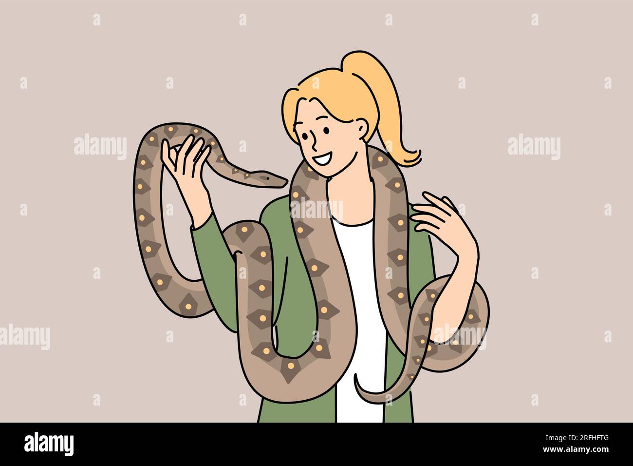 Woman with long snake around neck smiles enjoying communication with beloved pet boa constrictor. Girl holds dangerous predatory snake and does not feel fear at sight of poisonous python Stock Vector