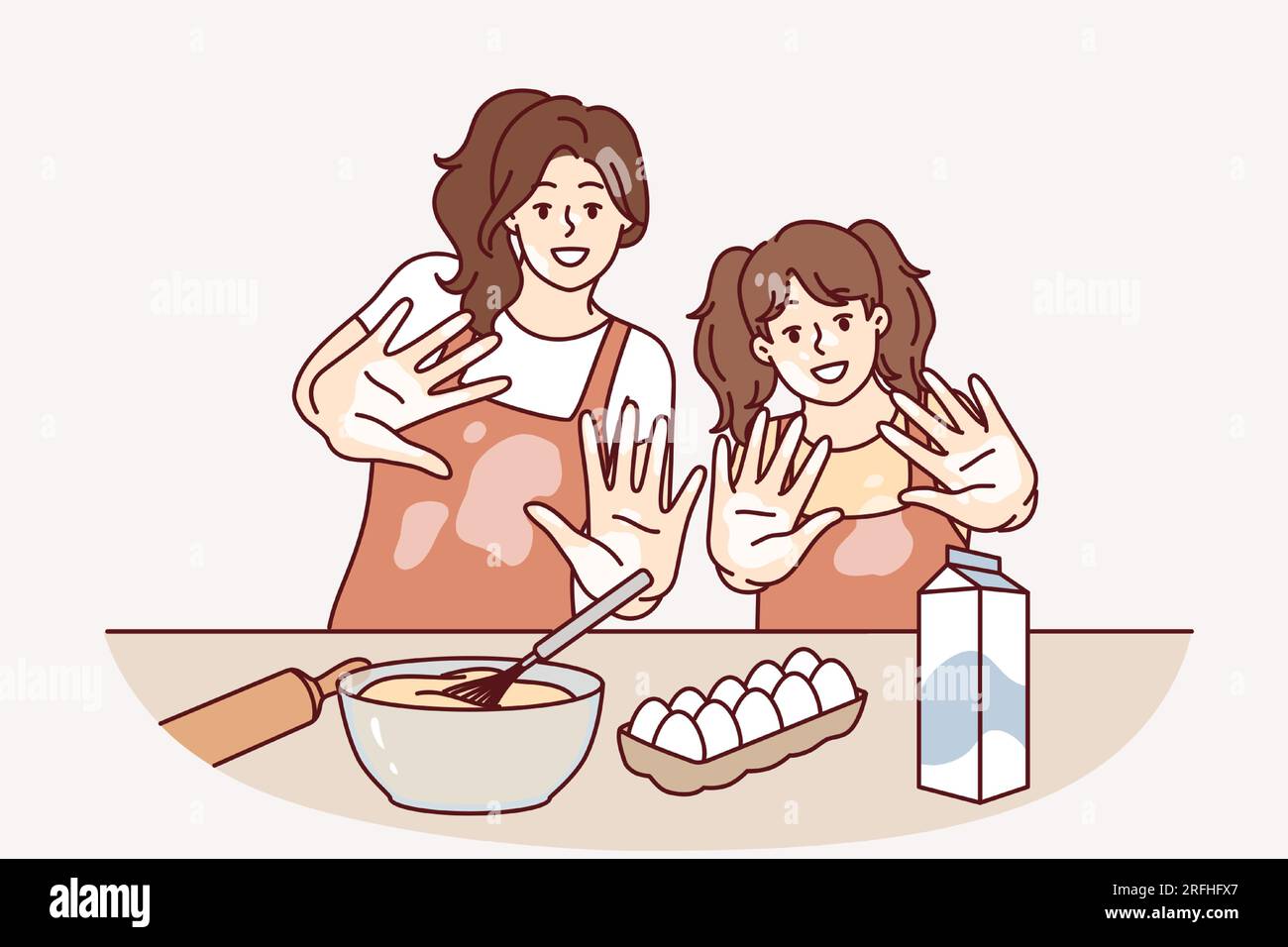 Mom and daughter are preparing breakfast or pastries and with smile show palms stained with flour. Woman brings up little girl teaching how to cook pastries from dough and enjoys raising child Stock Vector