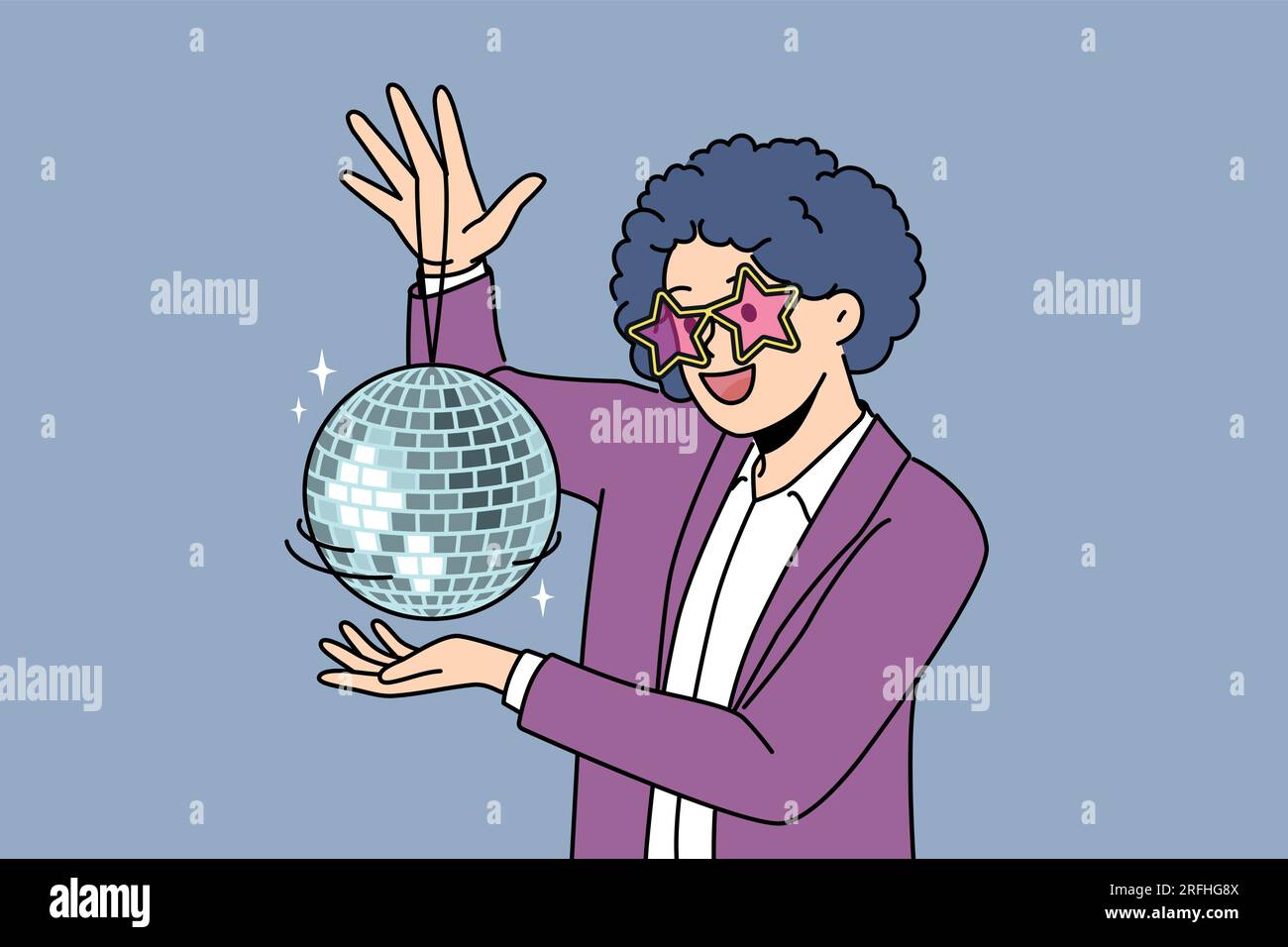 Funny man with disco ball with curly wig on head came to nightclub or dance floor to have fun and relax. Young guy enjoys atmosphere of music festival or disco party for party people Stock Vector