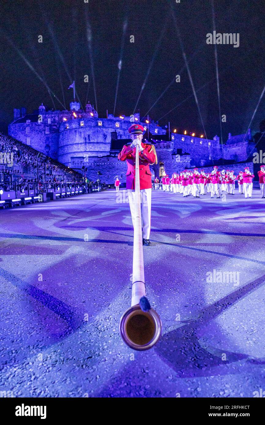 Edinburgh, United Kingdom. 03 August, 2023 Pictured: Swiss Armed Forces Central Band. The 2023 Royal Edinburgh Military Tattoo takes place on the Esplanade of Edinburgh Castle with the theme of Stories. Credit: Rich Dyson/Alamy Live News Stock Photo