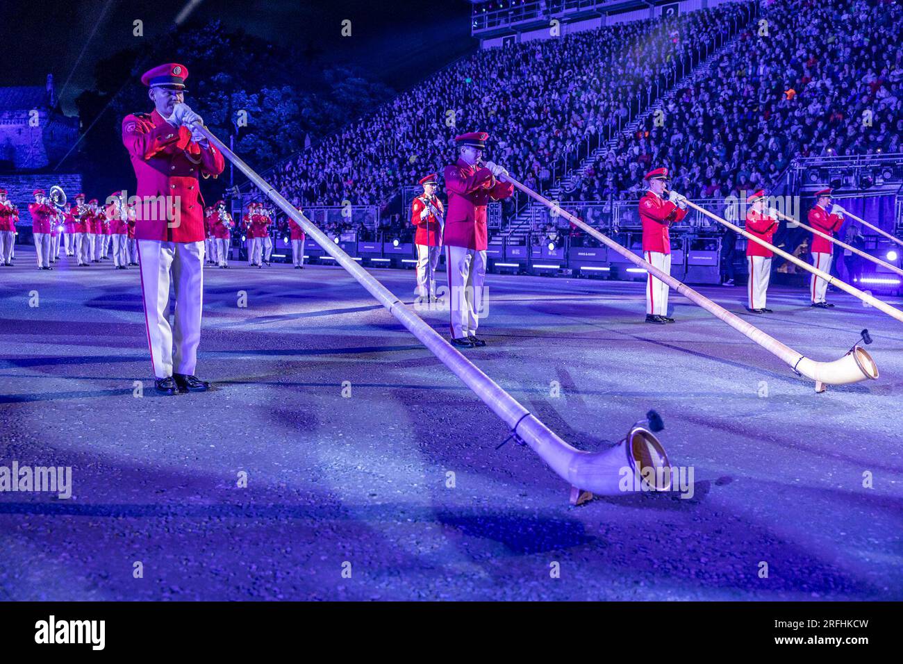 Edinburgh, United Kingdom. 03 August, 2023 Pictured: Swiss Armed Forces Central Band. The 2023 Royal Edinburgh Military Tattoo takes place on the Esplanade of Edinburgh Castle with the theme of Stories. Credit: Rich Dyson/Alamy Live News Stock Photo