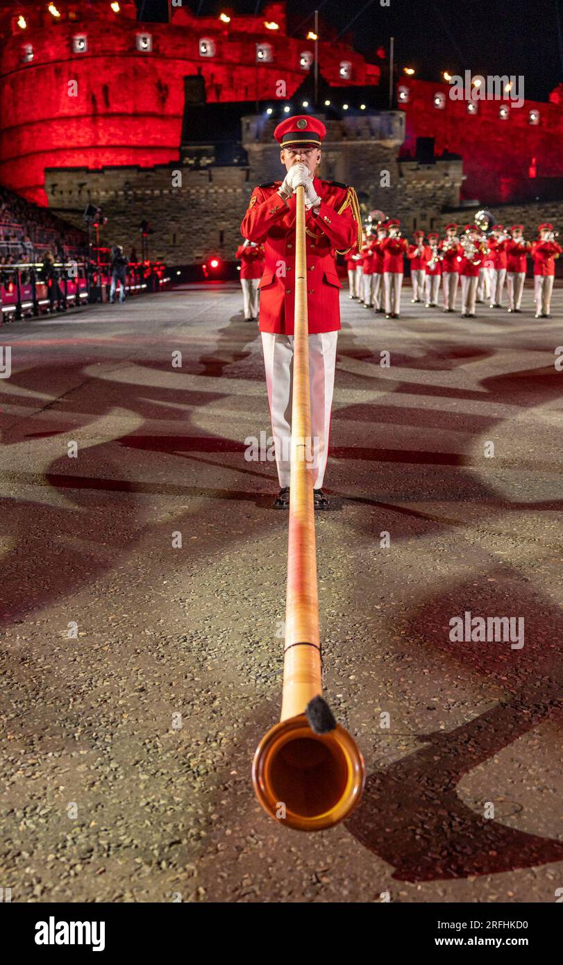 Edinburgh, United Kingdom. 03 August, 2023 Pictured: Swiss Armed Forces Central Band. The 2023 Royal Edinburgh Military Tattoo takes place on the Esplanade of Edinburgh Castle with the theme of Stories. Credit: Rich Dyson/Alamy Live News Stock Photo