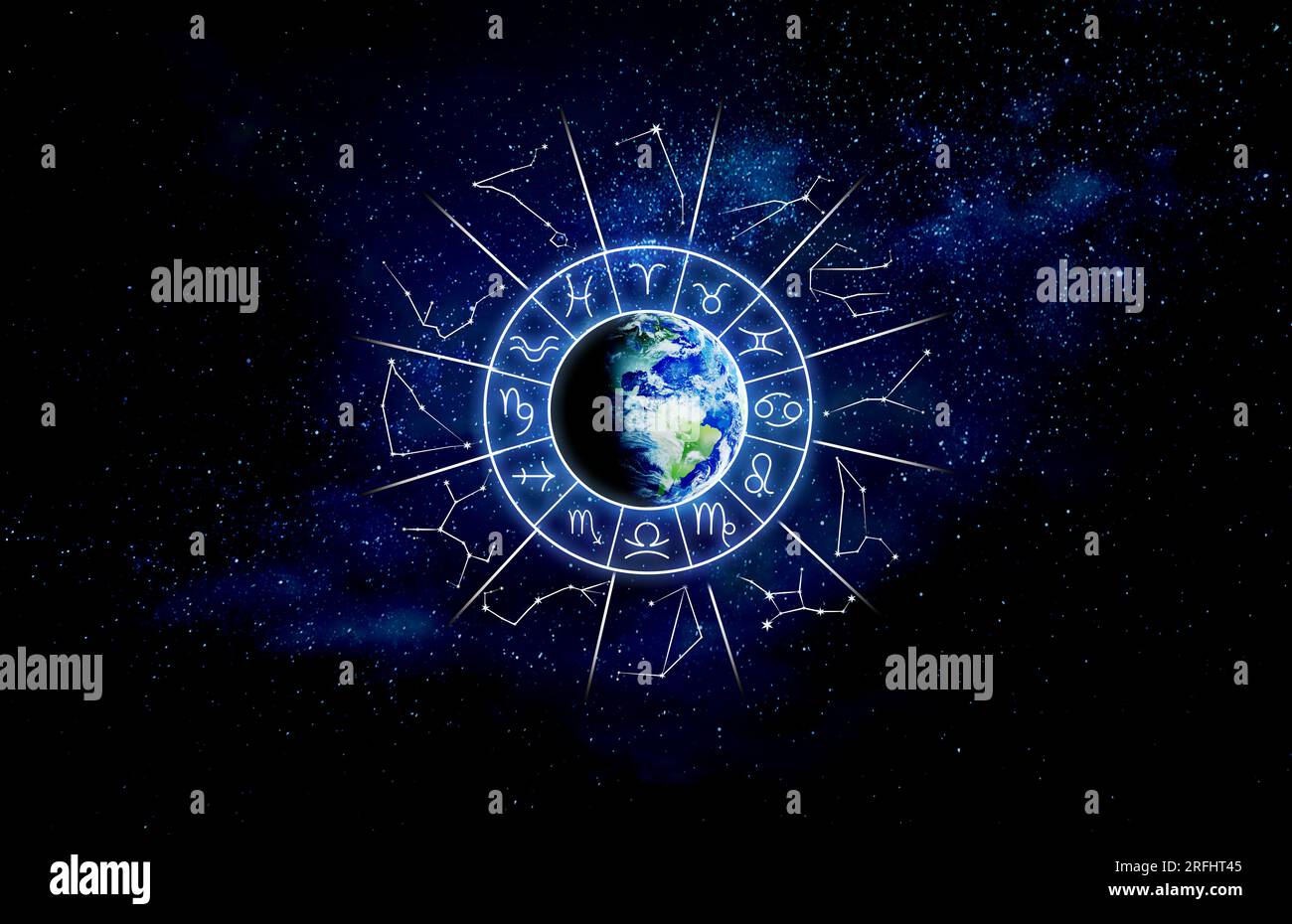 Zodiac wheel with astrological signs and constellations around Earth in