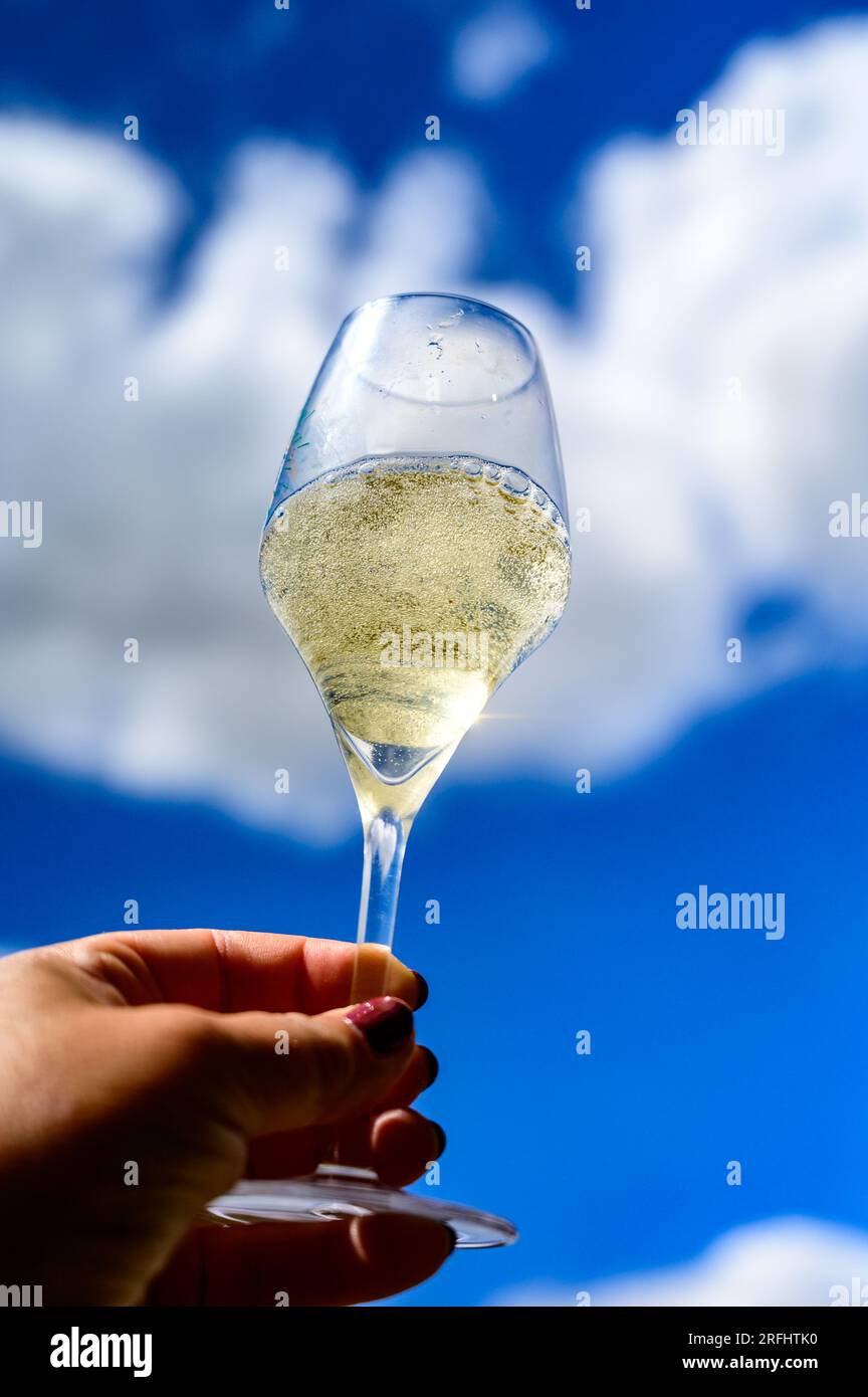 Glass of sparkling white wine with bubbles champagne and blue sky in