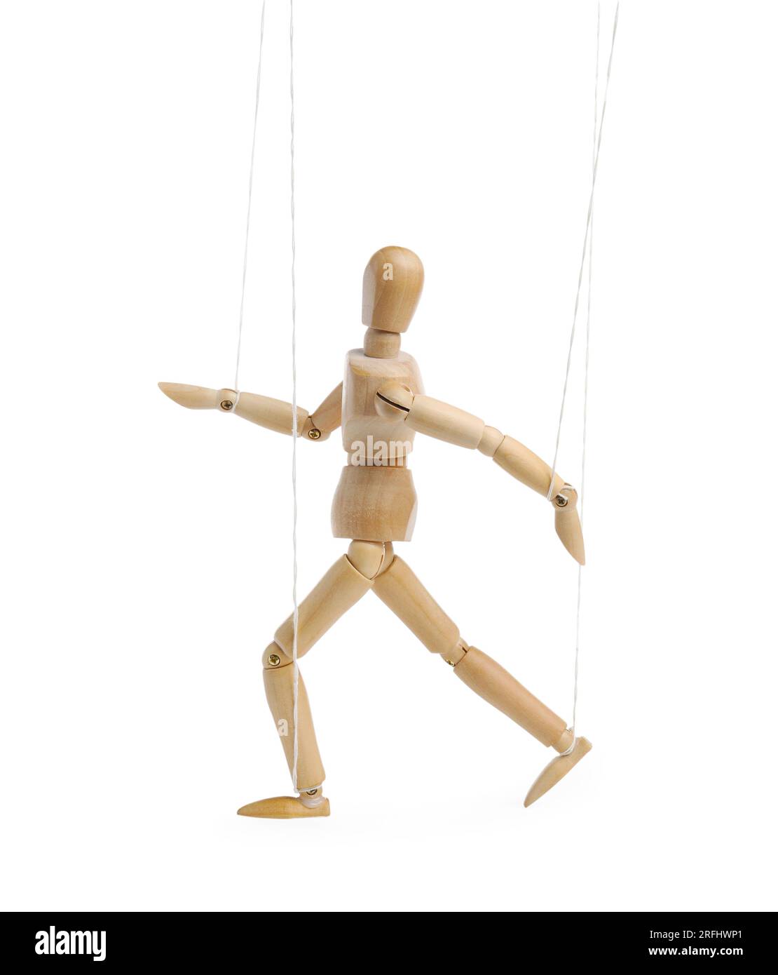 One wooden puppet with strings on white background stock photo alamy