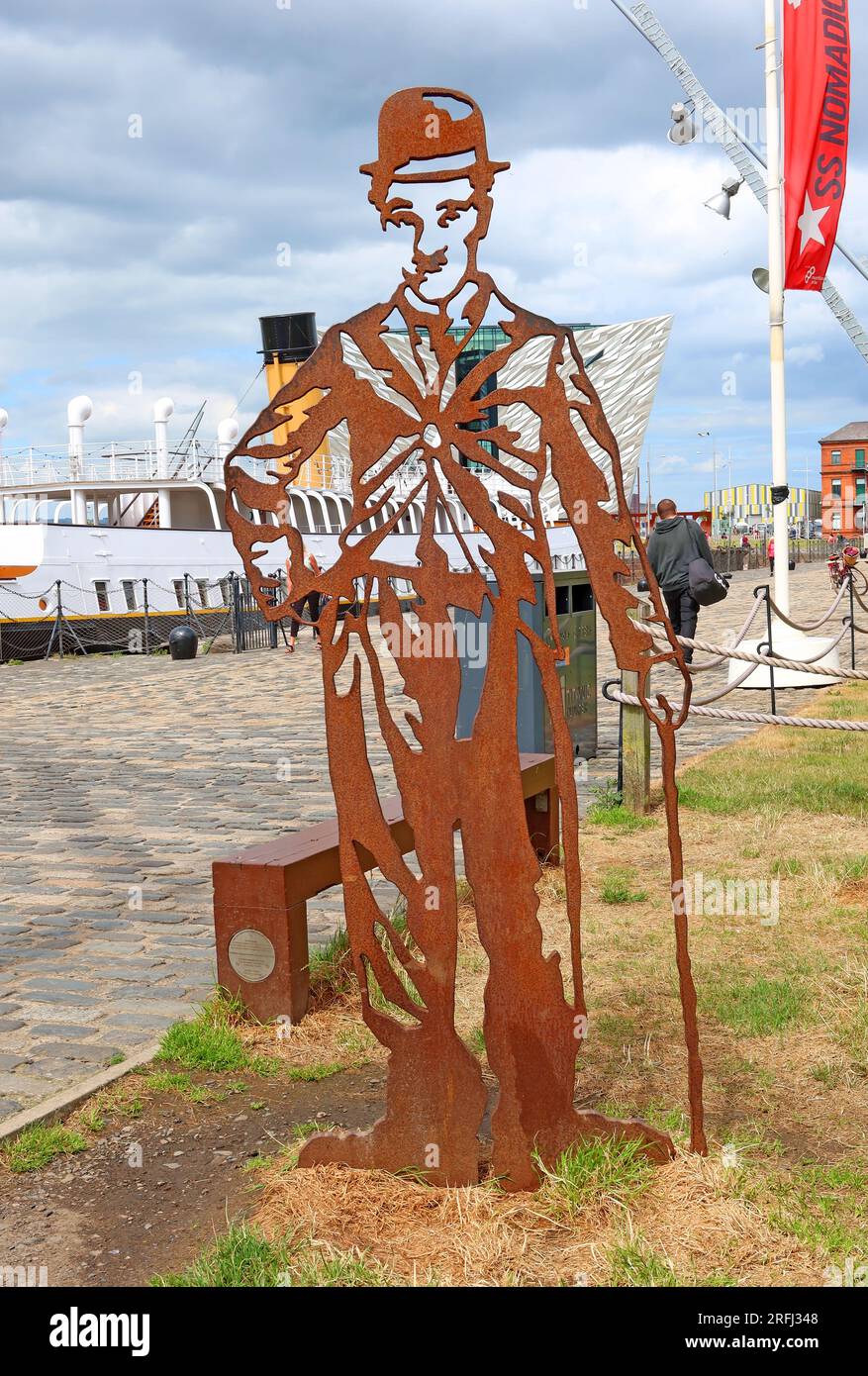 BelCharlie Chaplin statue beside SS Nomadic, Titanic Quarter, Belfast BT3 9EP, fast Titanic quarter, Northern Ireland, UK Stock Photo