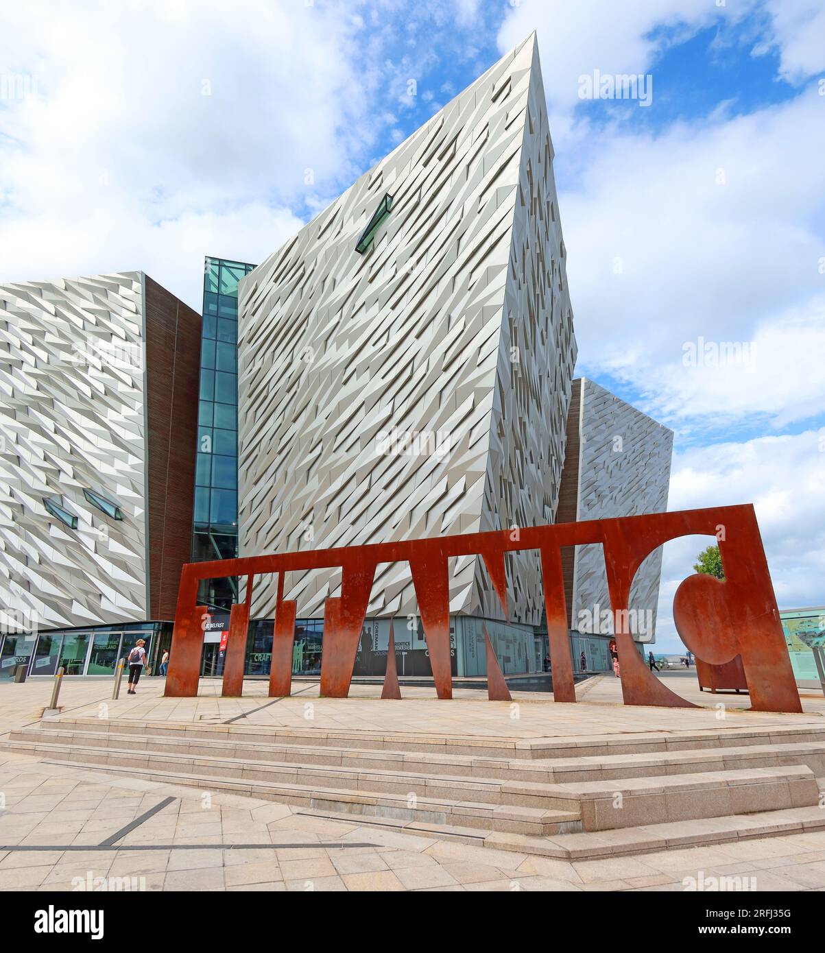 Eric Kuhne's Titanic museum big rusting iron sign, , 1 Olympic Way, Belfast, County Antrim, Northern Ireland, UK,  BT3 9EP Stock Photo
