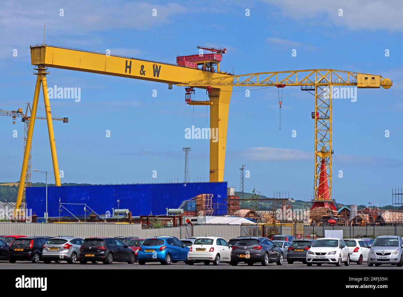 Harland and Wolff yellow cranes, in shipyard, Samson & Goliath, Queen's Island, Belfast , Northern Ireland, UK, BT3 9EU Stock Photo