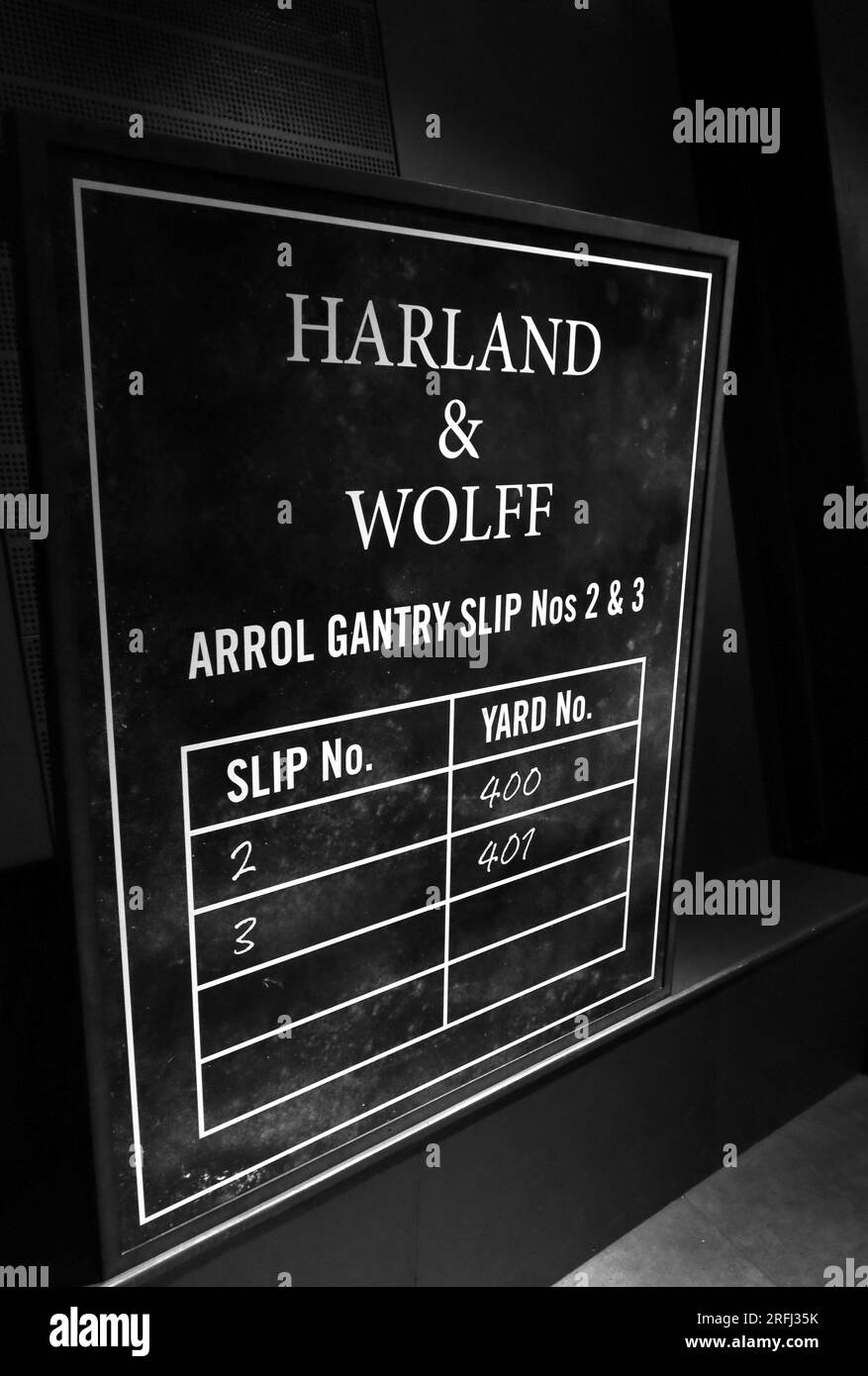 Arrol Gantry Slip Nos 2 & 3 blackboard, Harland & Wolff, Belfast shipyard, Northern Ireland, UK Stock Photo