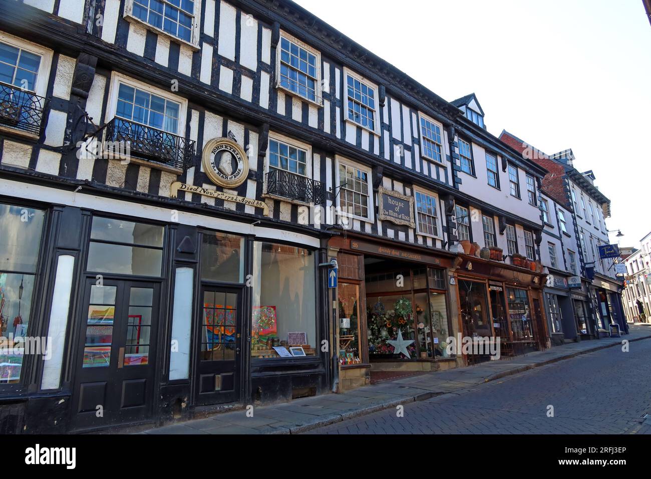 Timber framed buildings and architecture, commemorating John Kyrle, The man of Ross, died Nov 7th 1724, Ross-on-Wye, Herefordshire, England,HR9 5HD Stock Photo