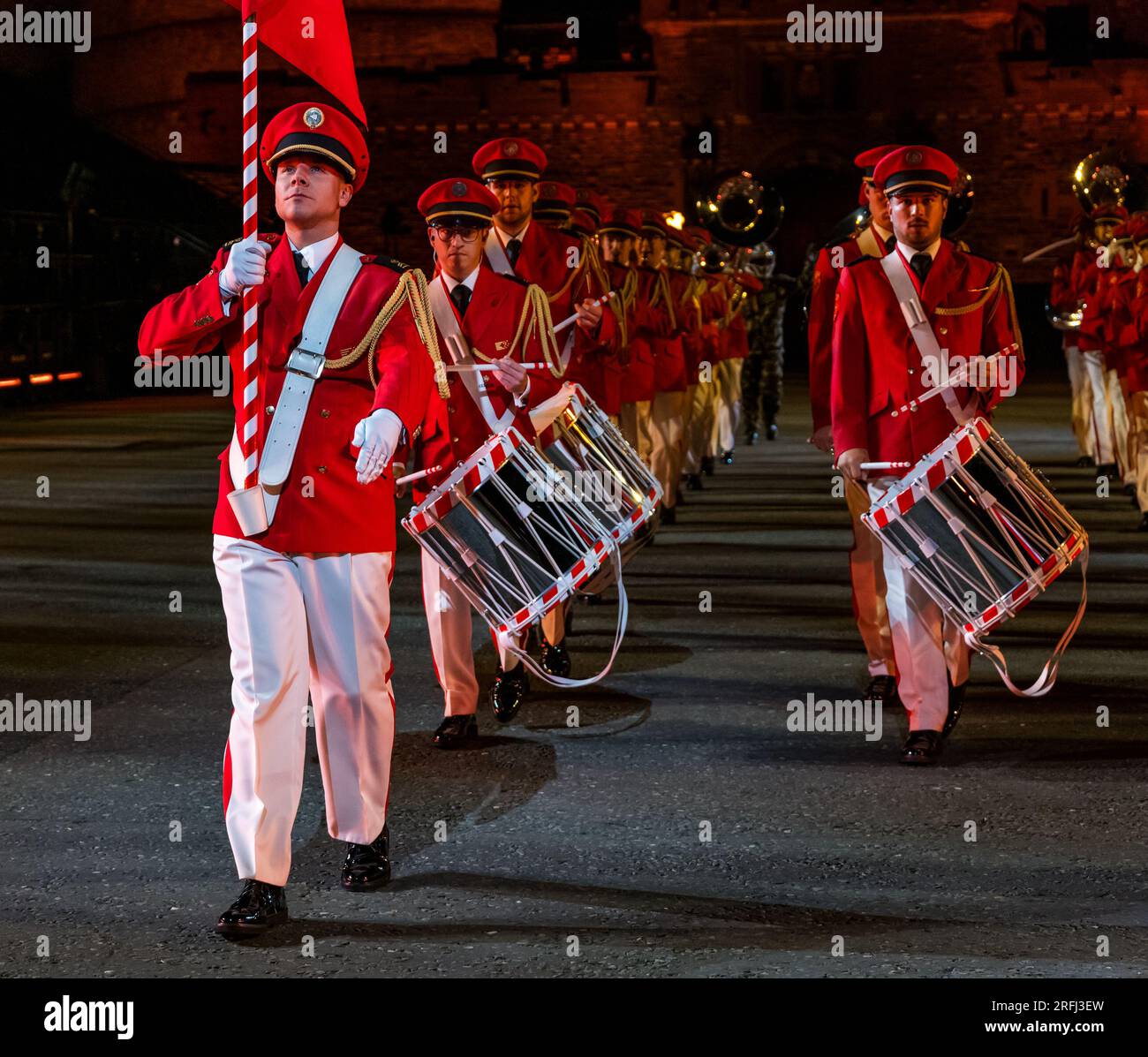 Edinburgh Castle, Edinburgh, Scotland, UK, 03 August 2023, Edinburgh Military Tattoo: The 2023 Show called Stories includes performances from Norway, USA, Australia, Trinidad and Tobago and Switzerland, with  the Royal Air Force as the lead Service this year. Pictured: the Swiss Armed Forces Central Band. Credit Sally Anderson/Alamy Live News Stock Photo