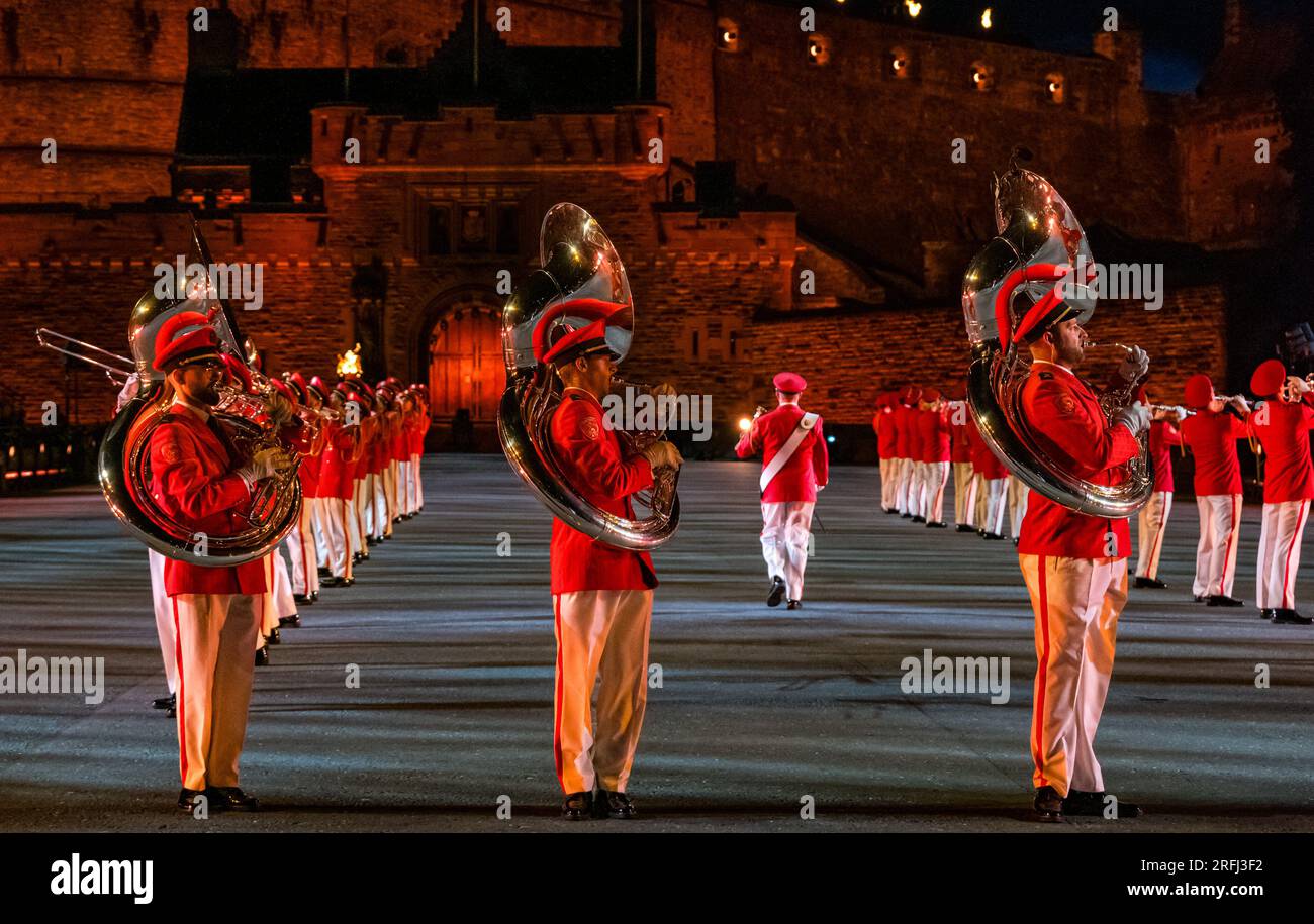 Edinburgh Castle, Edinburgh, Scotland, UK, 03 August 2023, Edinburgh Military Tattoo: The 2023 Show called Stories includes performances from Norway, USA, Australia, Trinidad and Tobago and Switzerland, with  the Royal Air Force as the lead Service this year. Pictured: the Swiss Armed Forces Central Band. Credit Sally Anderson/Alamy Live News Stock Photo