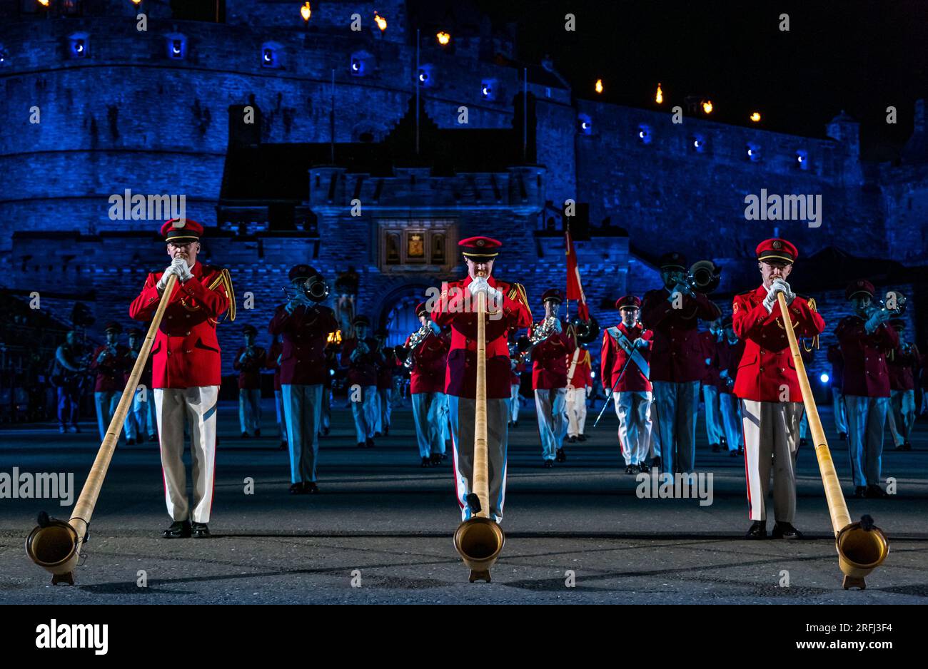 Edinburgh Castle, Edinburgh, Scotland, UK, 03 August 2023, Edinburgh Military Tattoo: The 2023 Show called Stories includes performances from Norway, USA, Australia, Trinidad and Tobago and Switzerland, with  the Royal Air Force as the lead Service this year. Pictured: the Swiss Armed Forces Central Band with soldiers playing alphorns. Credit Sally Anderson/Alamy Live News Stock Photo