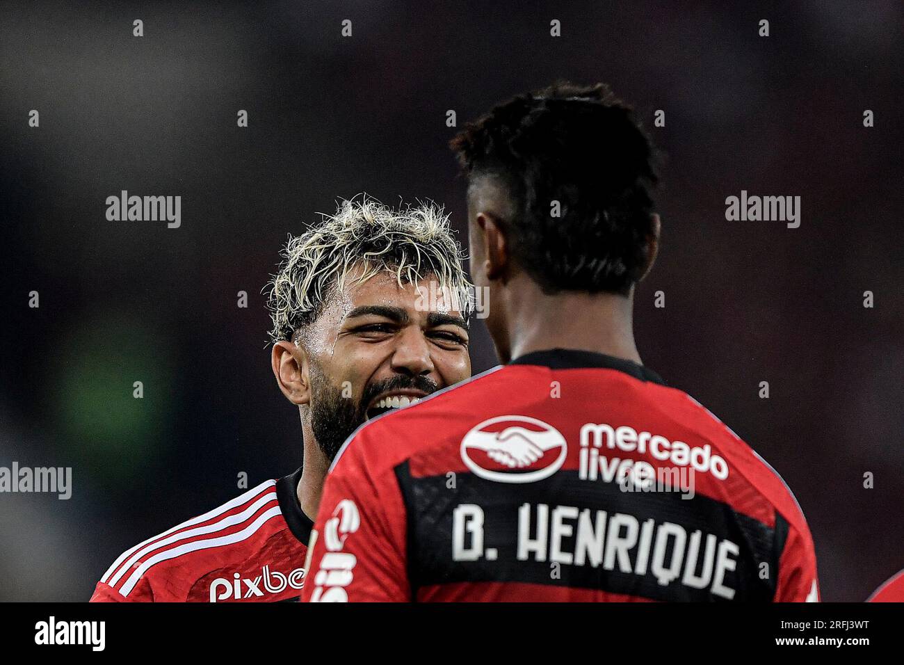 RJ - RIO DE JANEIRO - 08/03/2023 - LIBERTADORES 2023, FLAMENGO X OLIMPIA - Flamengo player Bruno Henrique celebrates his goal with Gabigol, a player of his team, during a match against Olimpia at the Maracana stadium for the 2023 Libertadores championship. Photo: Thiago Ribeiro /AGIF (via AP) Stock Photo