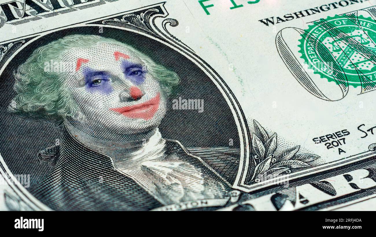 Joker George Washington on Close up macro of one dollar bill Stock Photo