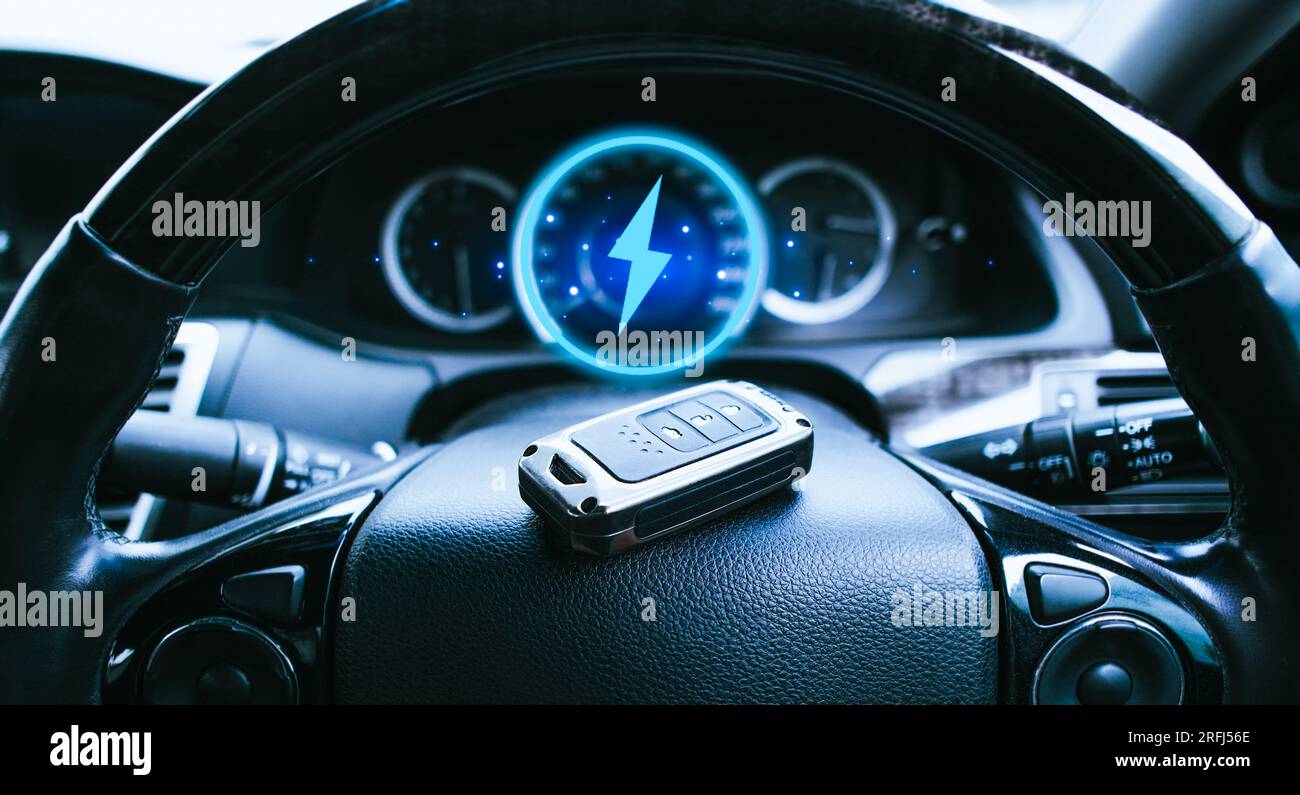 Electric car instrument panel with car keyless remote on the steering