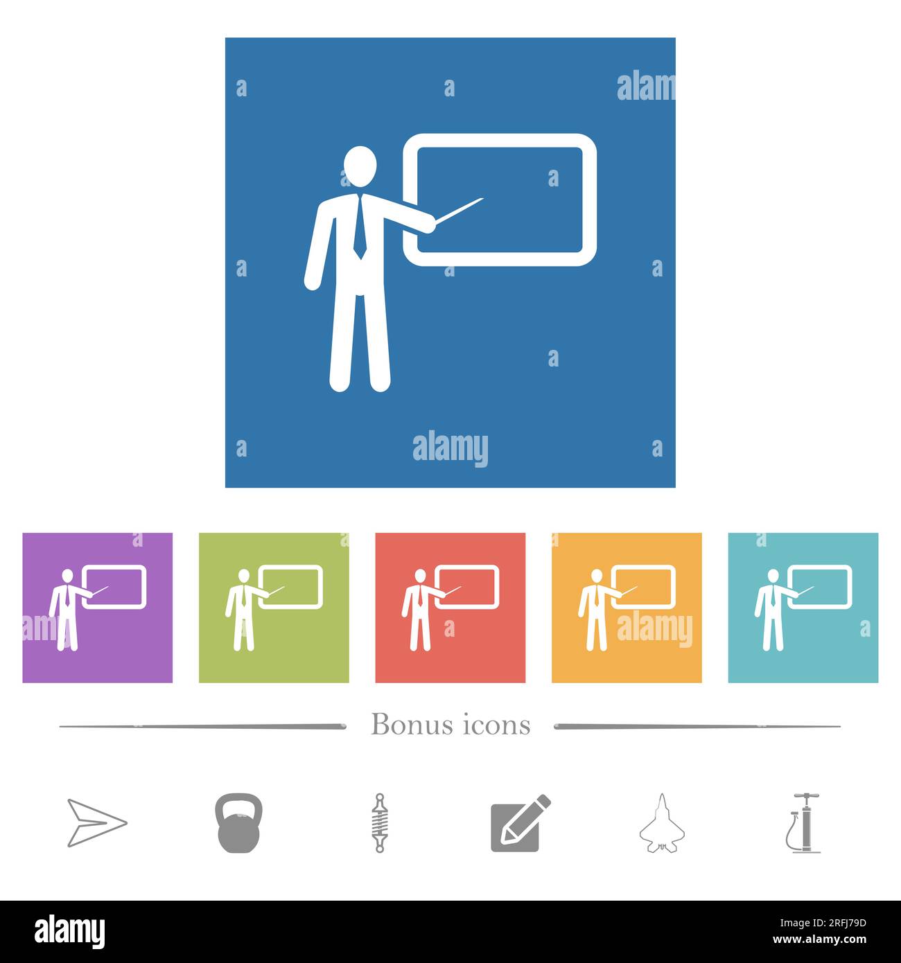 Training flat white icons in square backgrounds. 6 bonus icons included ...
