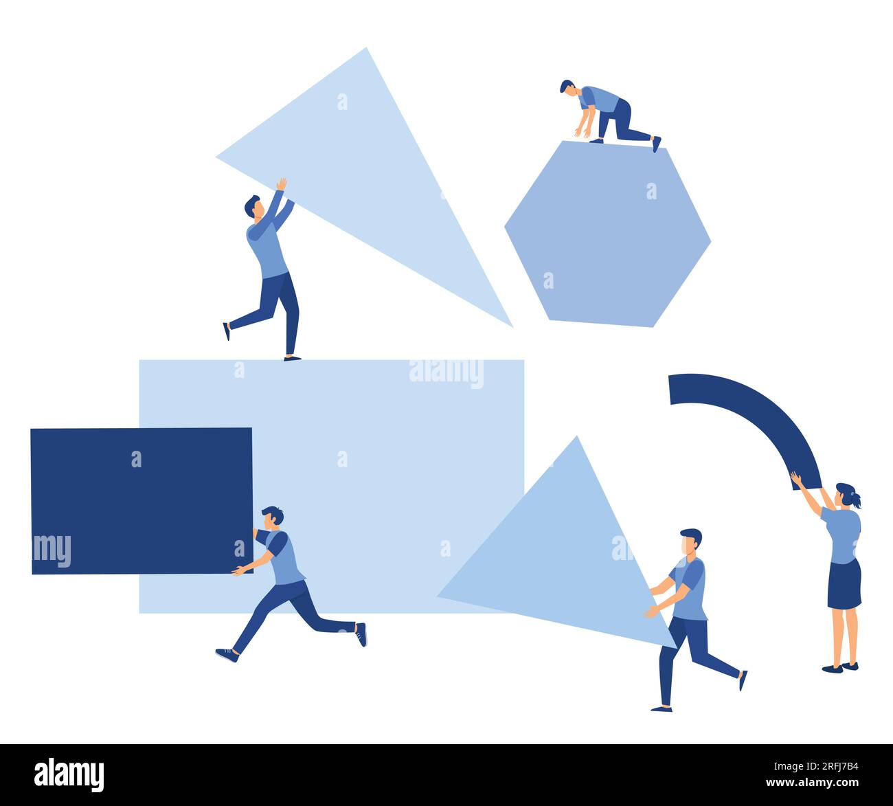 A team of people assemble an abstract geometric puzzle. characters ...
