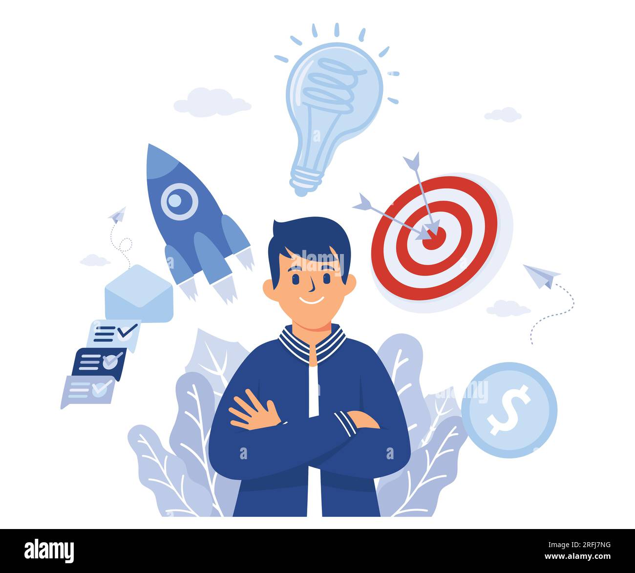 leader success working multitasking, overhead character rocket startup target light bulb as idea and checkbox, flat vector modern illustration Stock Vector
