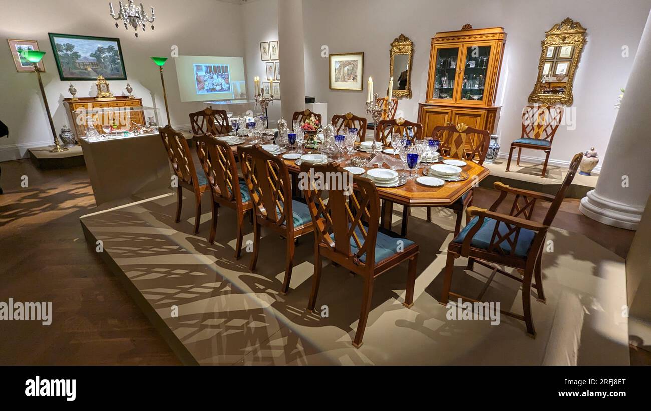 London, UK. 03rd Aug, 2023. Dining table with tableware and furnishings