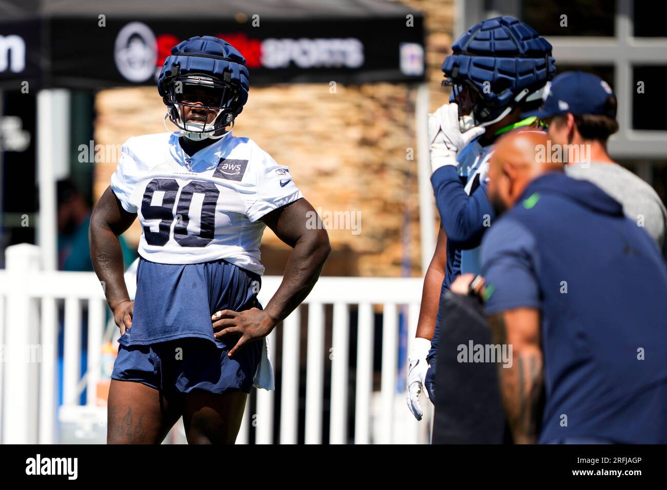 Seattle Seahawks defensive end Jarran Reed (90) looks on during the NFL  football team's training camp, Thursday, Aug. 3, 2023, in Renton, Wash. (AP  Photo/Lindsey Wasson Stock Photo - Alamy