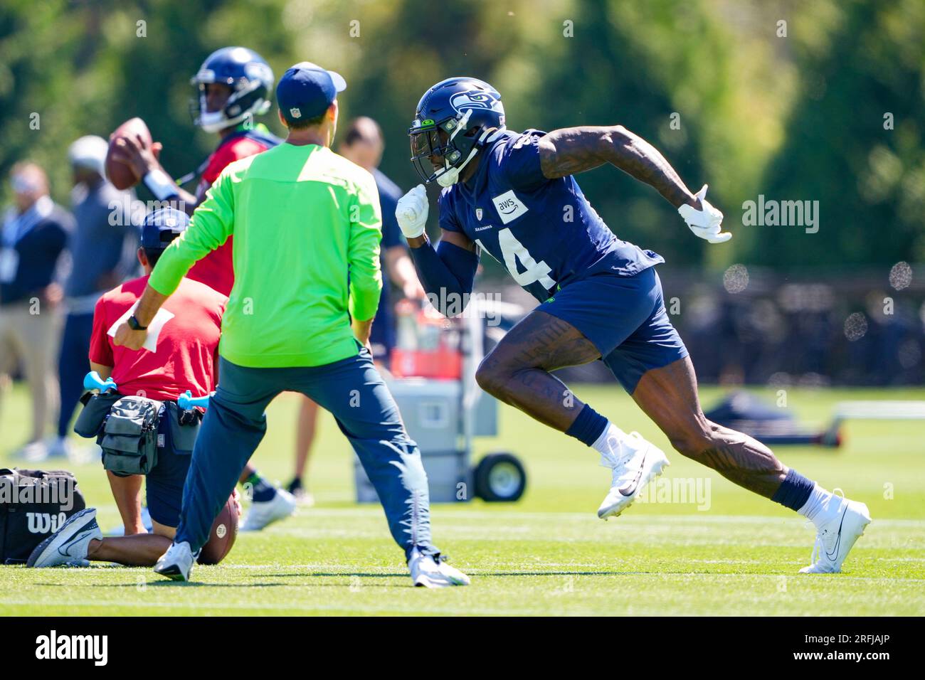 Seattle Seahawks wide receiver DK Metcalf (14) runs during the NFL football team's training camp