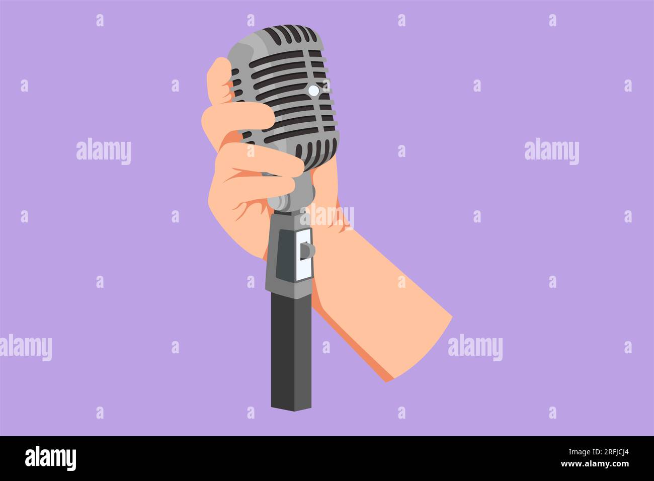 Character flat drawing hand holding a retro microphone over blue background. Rock music live concert with old microphone logo. Mic for sing a song at Stock Photo