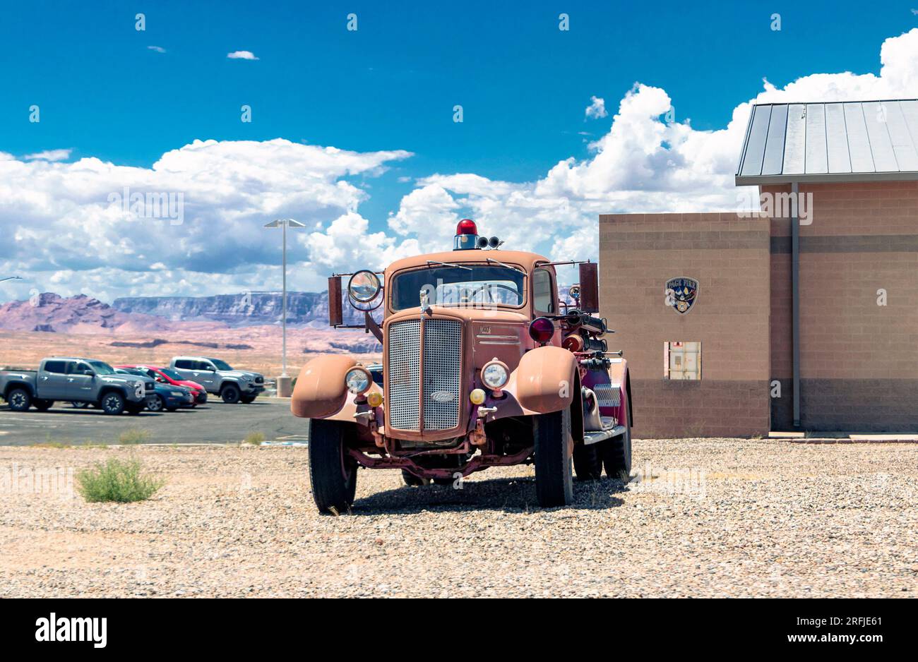 vintage Mack fire truck in desert, city of Page fire Department Stock Photo