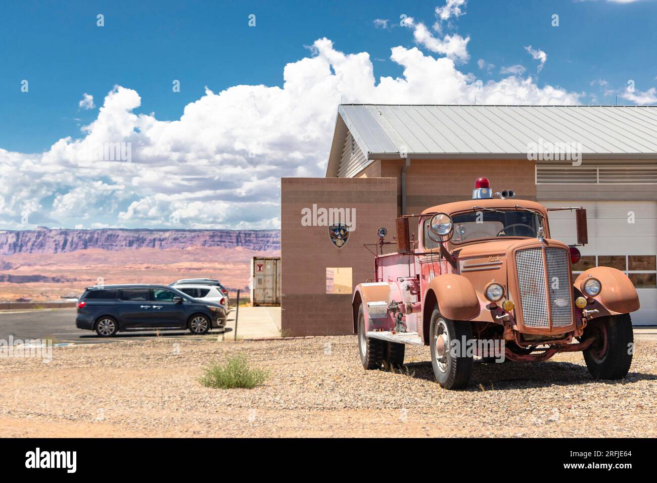 vintage Mack fire truck in desert, city of Page fire Department Stock Photo