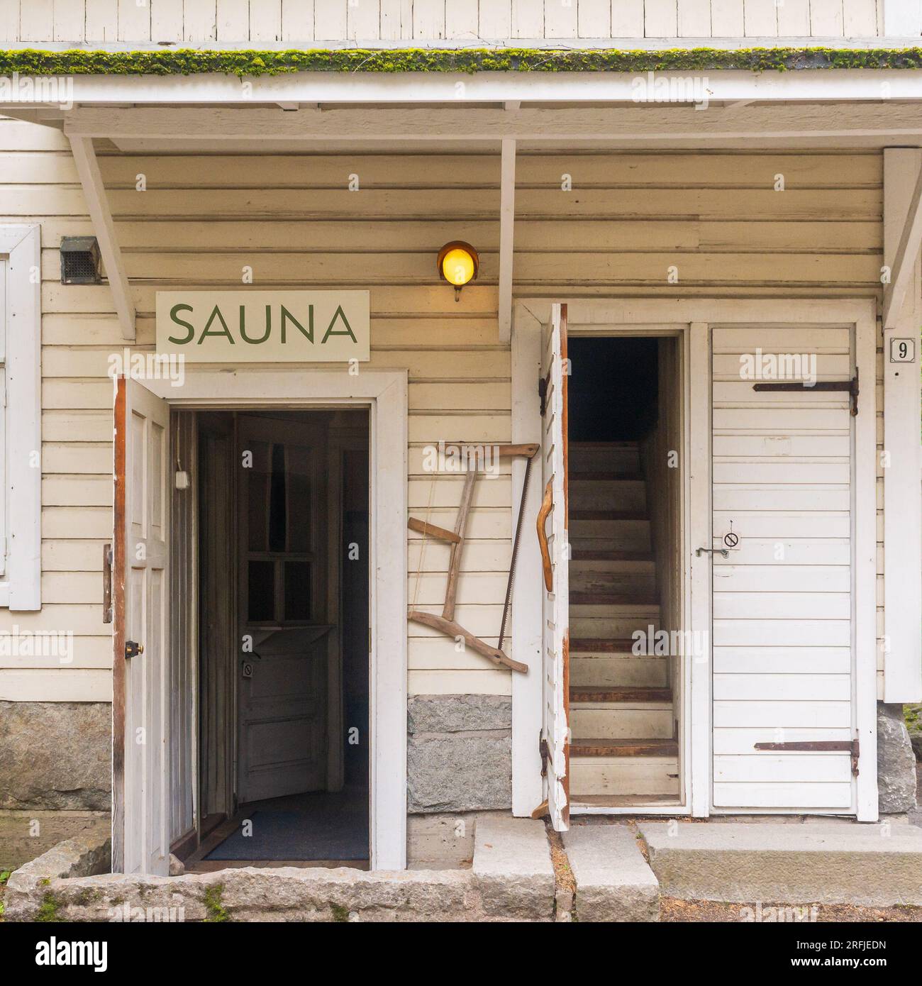 Door to the sauna of Amuri Museum of historic housing in Tampere Finland Stock Photo Alamy
