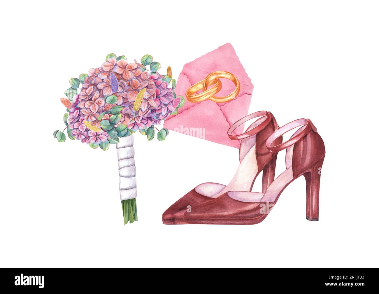 Wedding composition with gold rings, pink envelope, bridal bouquet and shoes. Female high-heeled shoes. Wedding rings. Bouquet with hydrangea Stock Photo