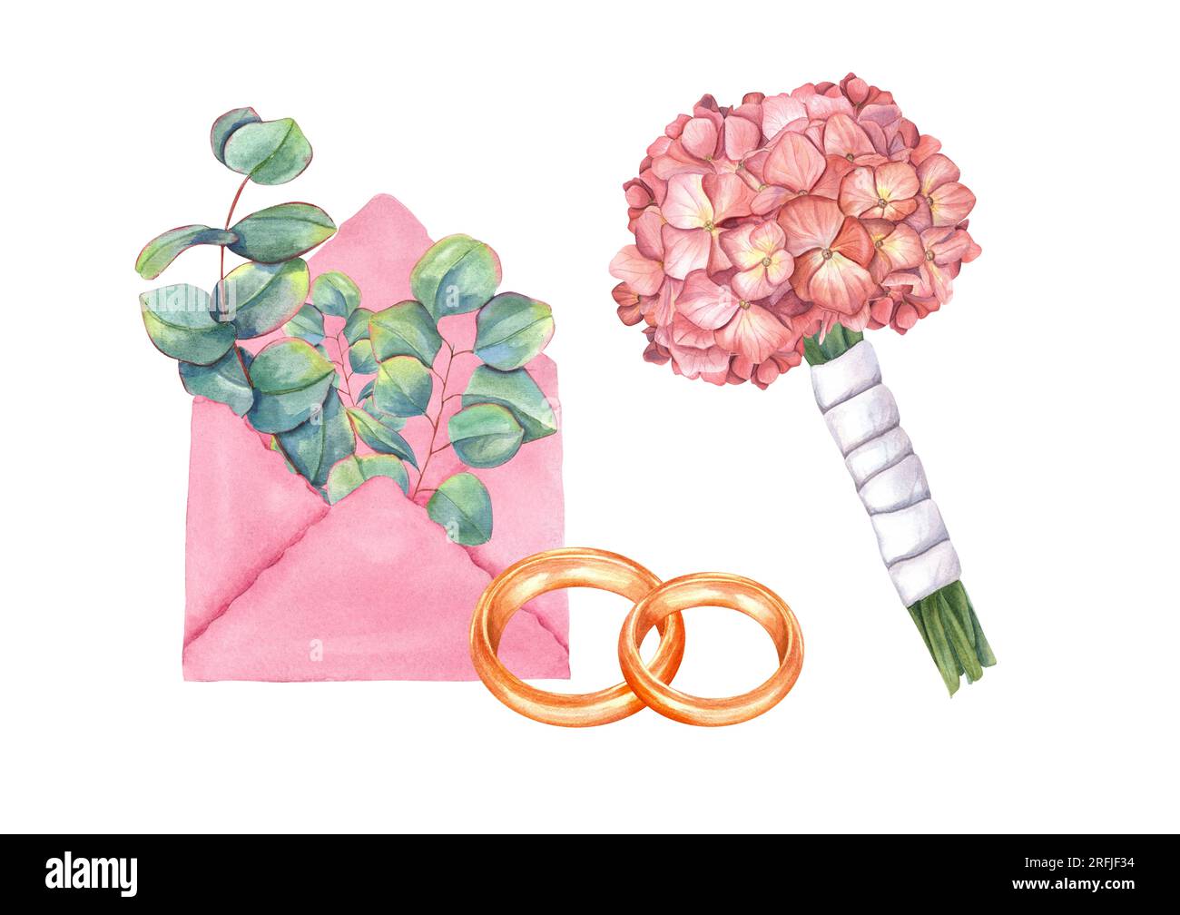 Wedding composition with gold rings, pink envelope, bridal bouquet Wedding rings. Bouquet with hydrangea and eucalyptus. Silver dollar greenery. Stock Photo