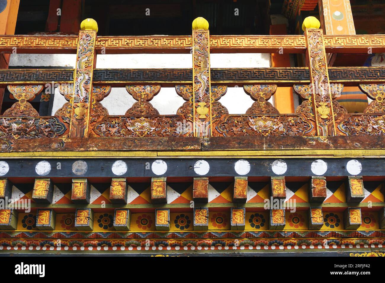 Closeup detail of traditional colorful carved, painted woodwork on a ...