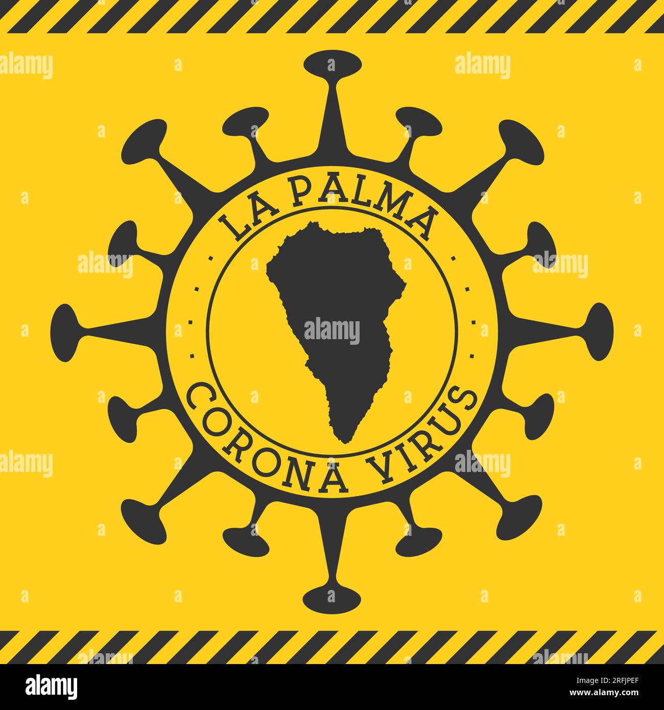 Corona virus in La Palma sign. Round badge with shape of virus and La Palma map. Yellow island epidemy lock down stamp. Vector illustration. Stock Vector