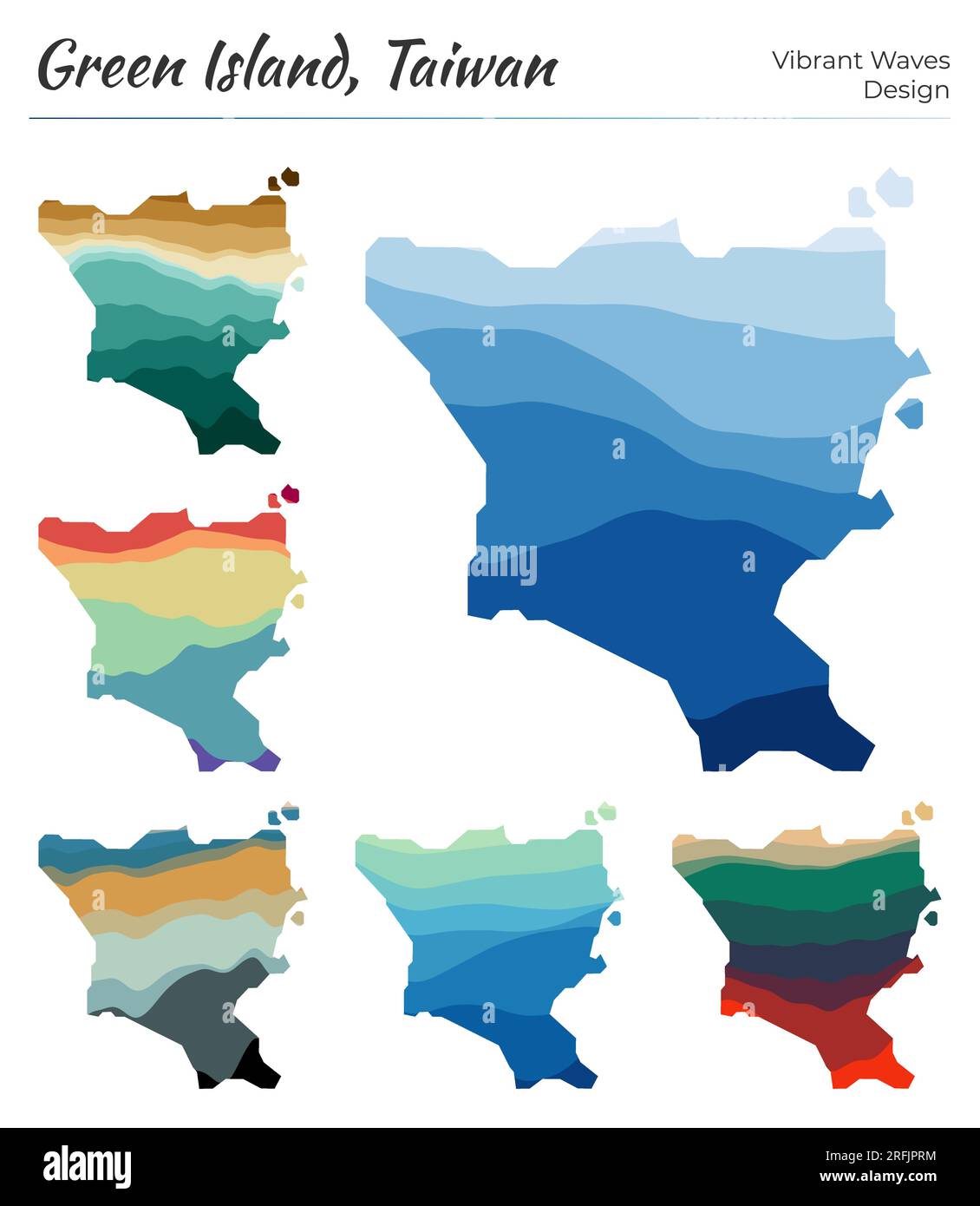 Set of vector maps of Green Island, Taiwan. Vibrant waves design ...