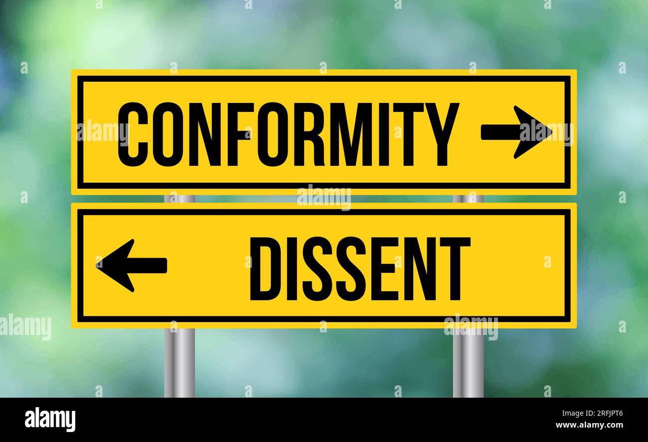 Conformity or dissent road sign on blur background Stock Photo - Alamy